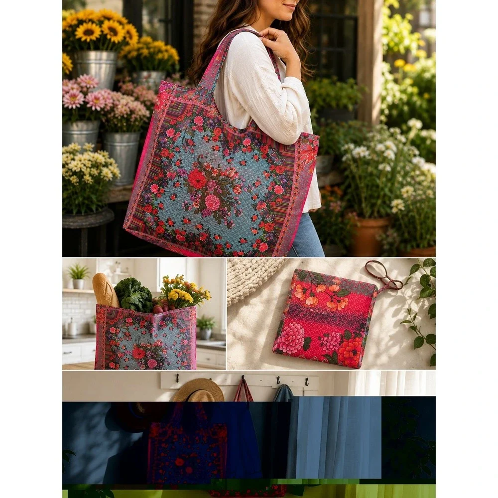 Johnny Was California Floral Reusable Foldable Shopping Tote Bag Pink Boho Beach
